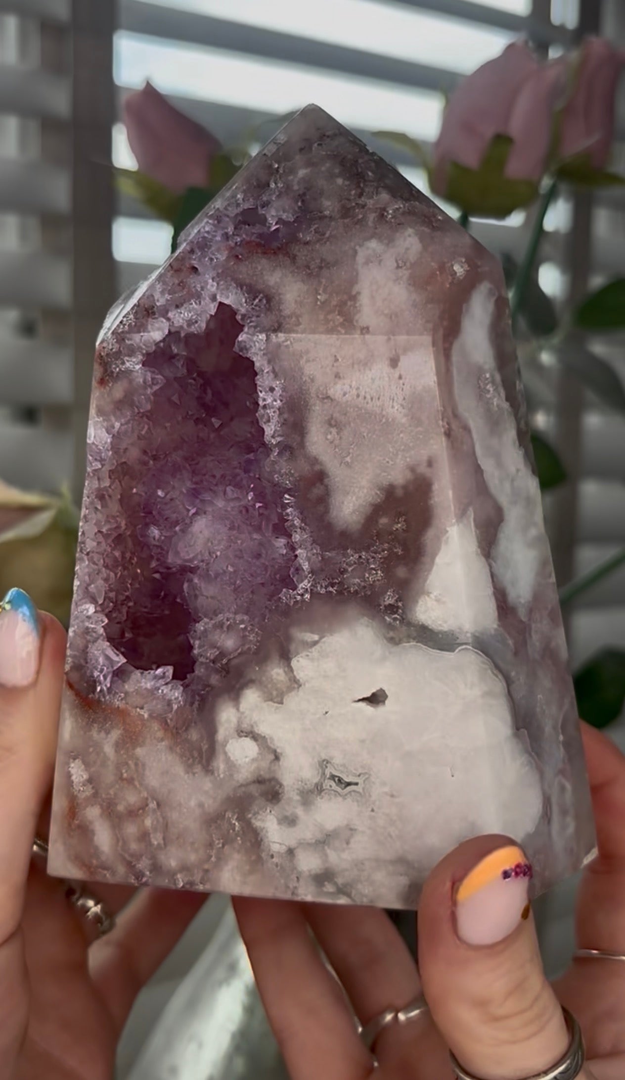Huge, Beautiful, Pink amethyst tower with purple quartz druzy