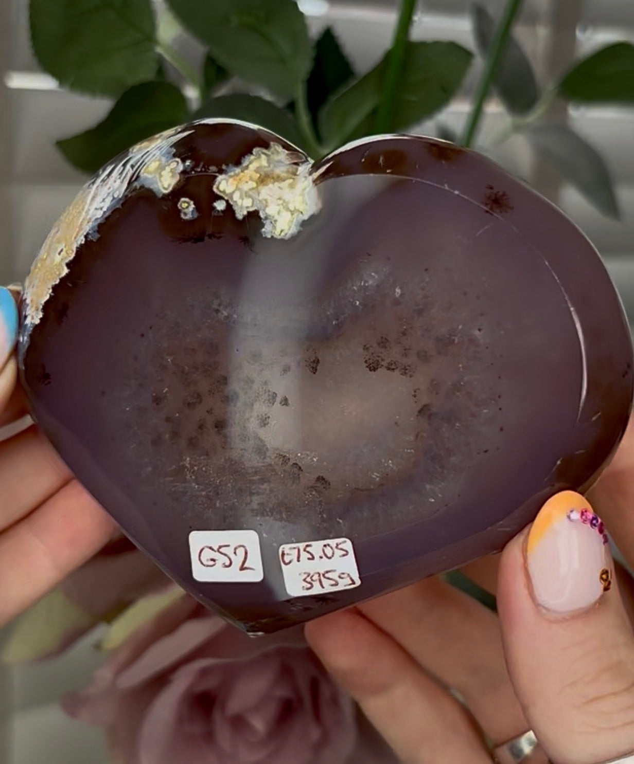 Beautiful, high grade, agate heart with druzy - comes with stand