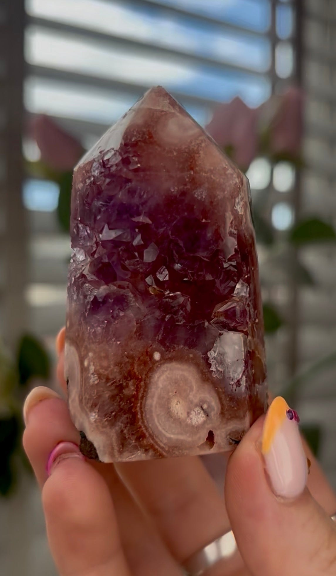 Beautiful, high quality, Pink amethyst tower with purple druzy & green jasper 6.8cm by 4cm
