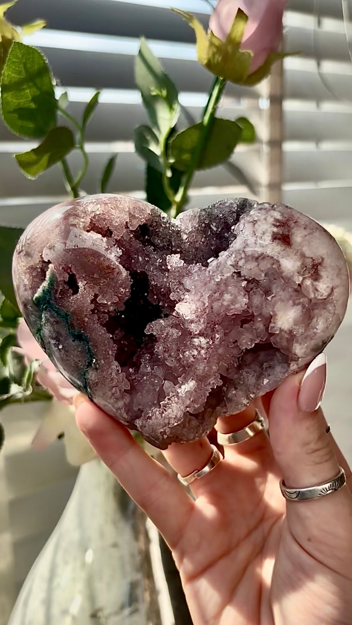 Gorgeous, pink amethyst  heart with Jasper -comes with stand