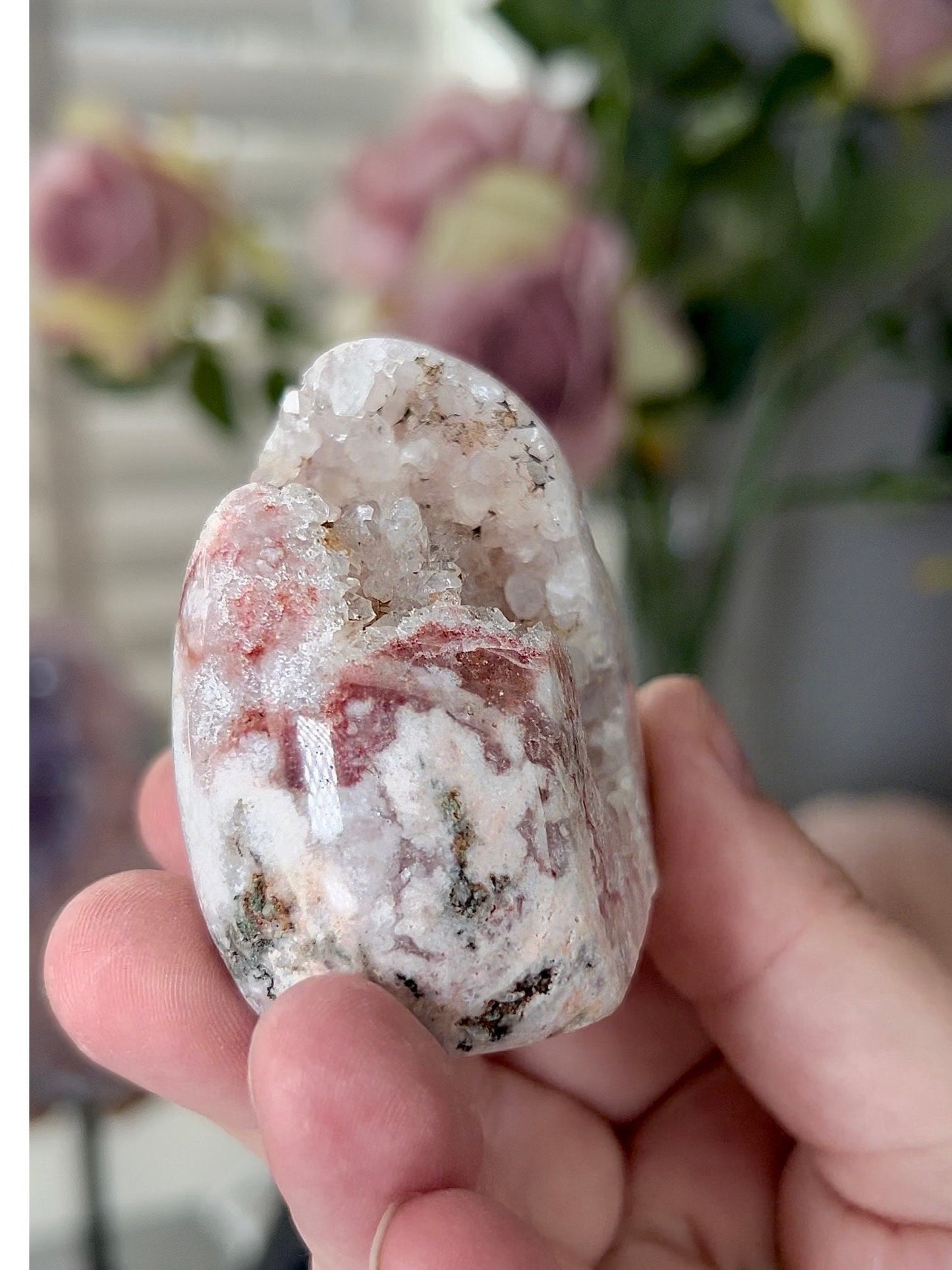 pink amethyst freeform within quartz and jasper