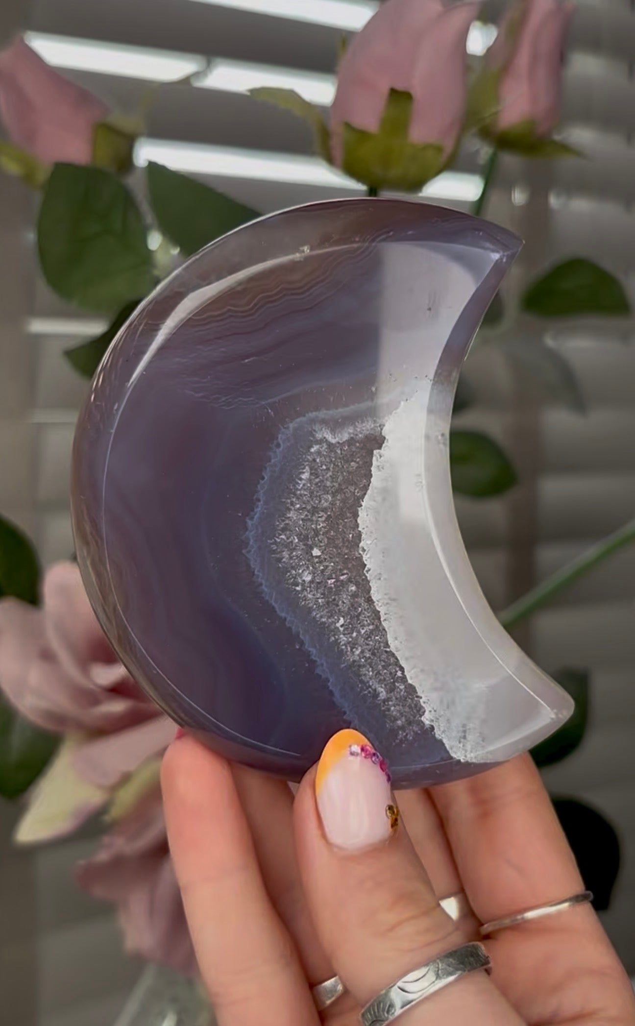 Beautiful, agate moon with druzy - comes with stand