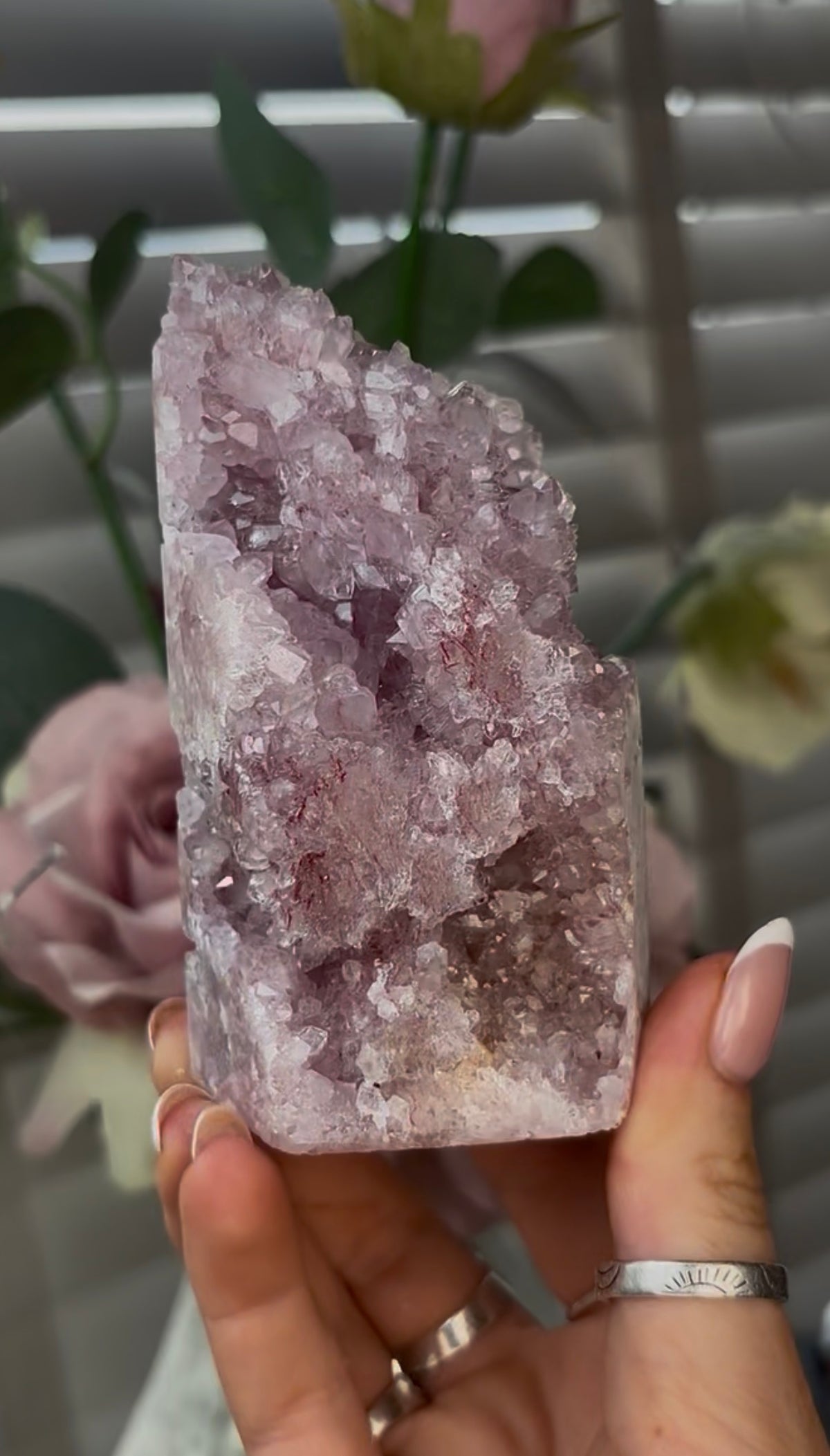 Beautiful, hq, druzy, Pink amethyst tower 10cm(h) by 5.5cm(w)