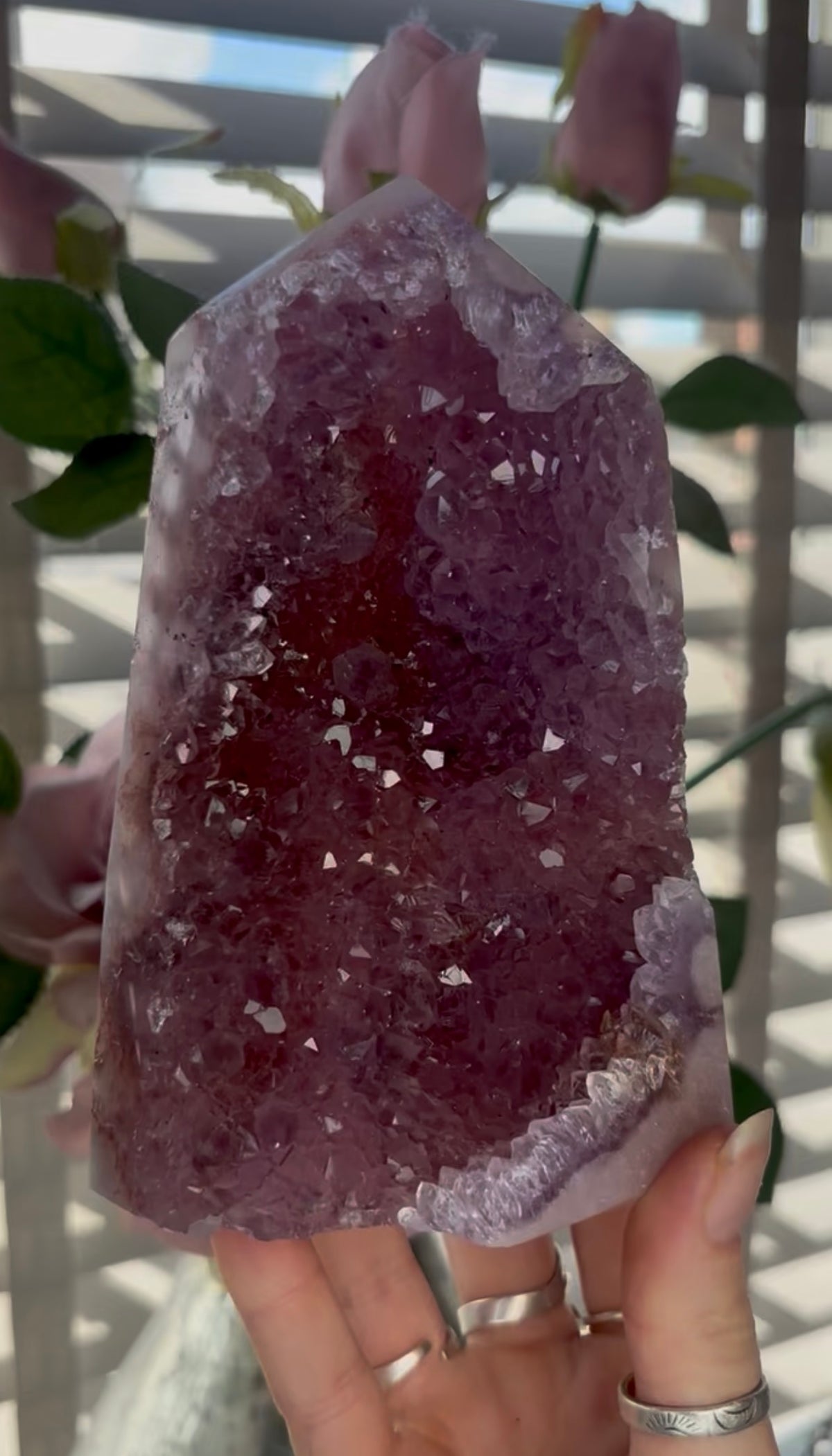 Beautiful, high quality, Pink amethyst tower in lilac tones with vibrant purple druzy