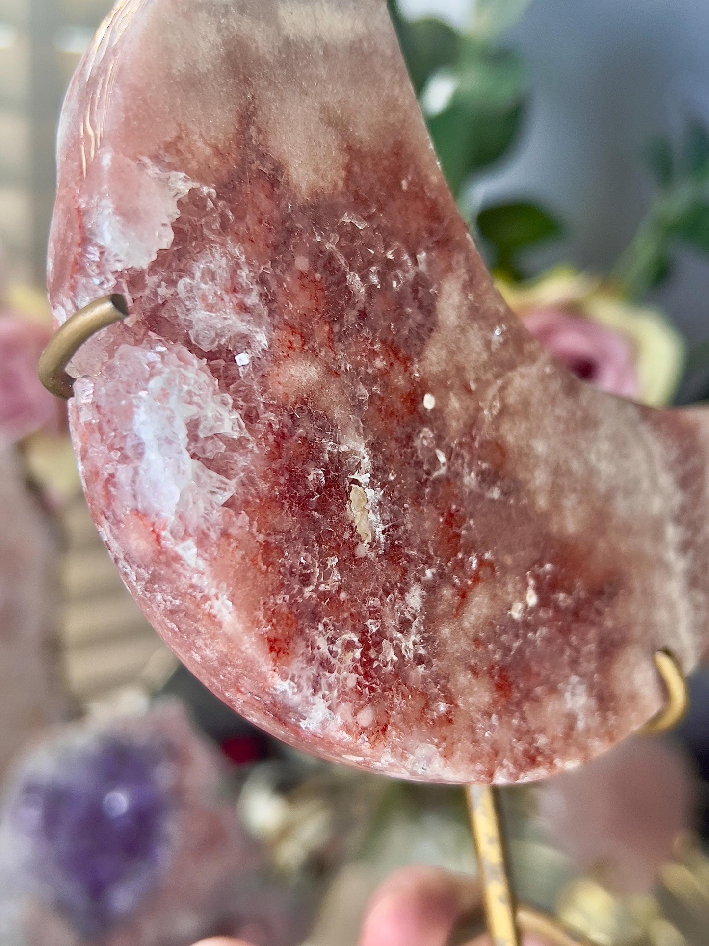 High grade, pink amethyst moon with red hematite, quartz druzy - stand is slightly scratched (see photos)