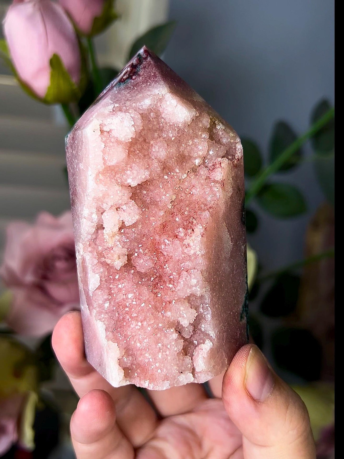 High grade, baby pink amethyst, sugar druzy tower with green jasper