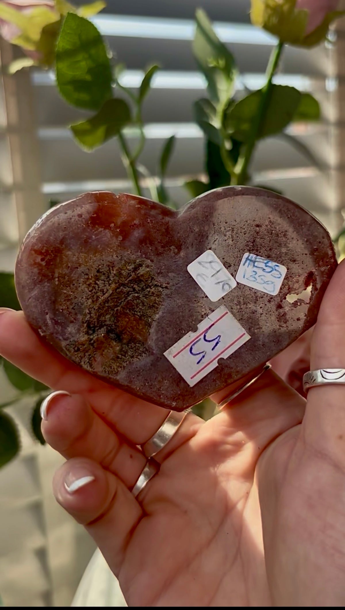 Gorgeous, high quality, berry red pink amethyst heart- comes with stand