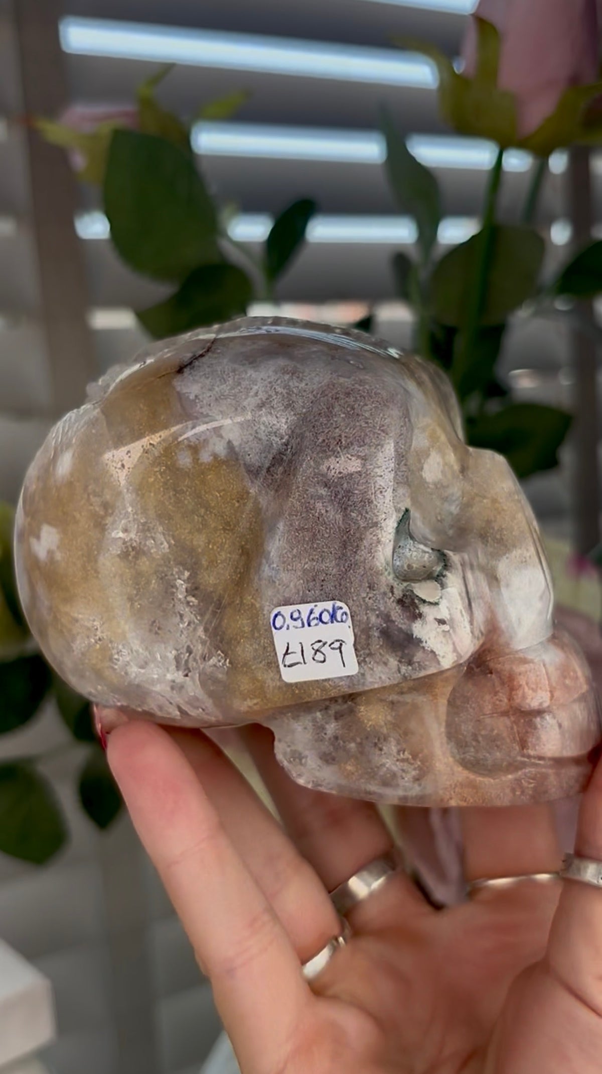 High grade, pink amethyst skull carving