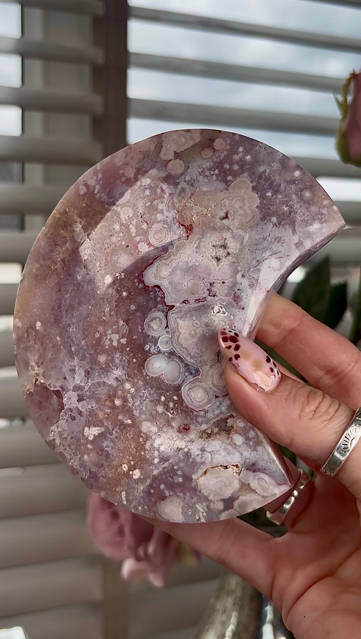High grade, amethyst Flower agate moon with high clarity quartz