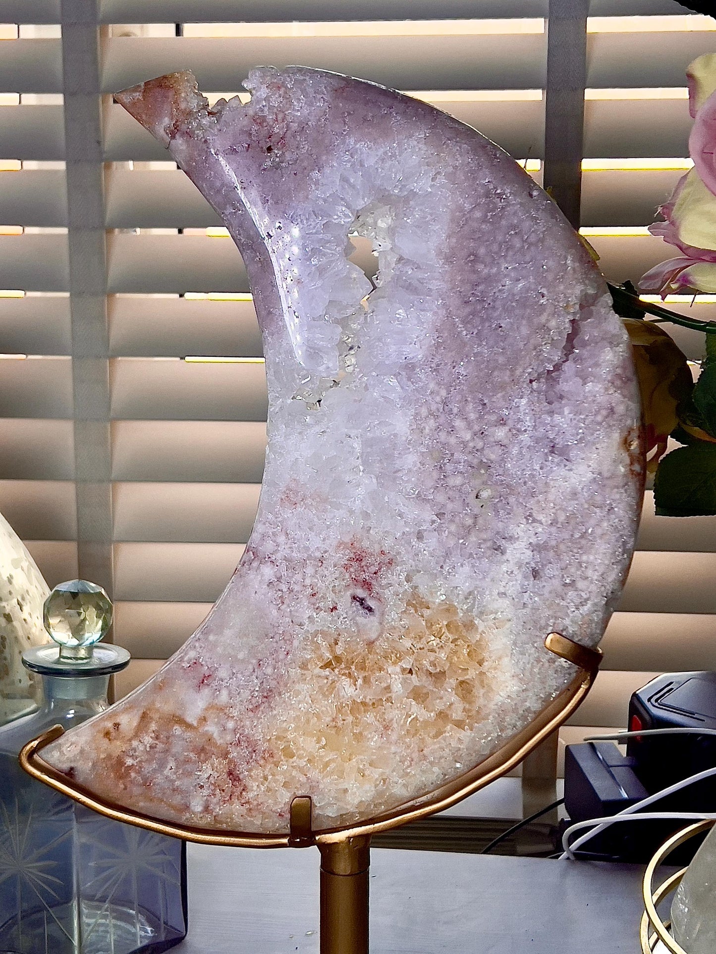 Incredible huge statement, high quality, Pink amethyst, moon with rainbow quartz & citrine inclusion, on spinning stand