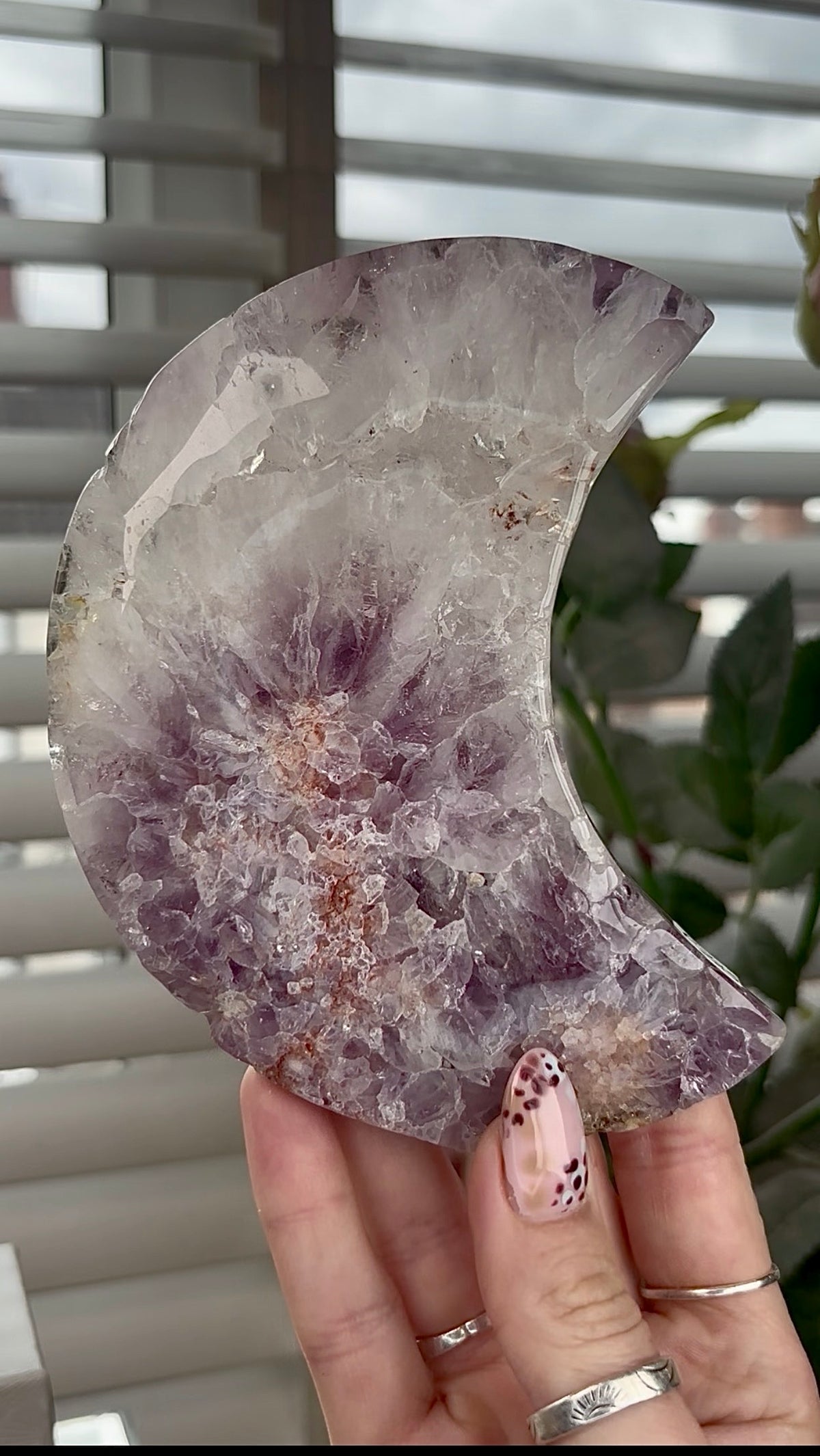 High grade, amethyst Flower agate moon with high clarity quartz
