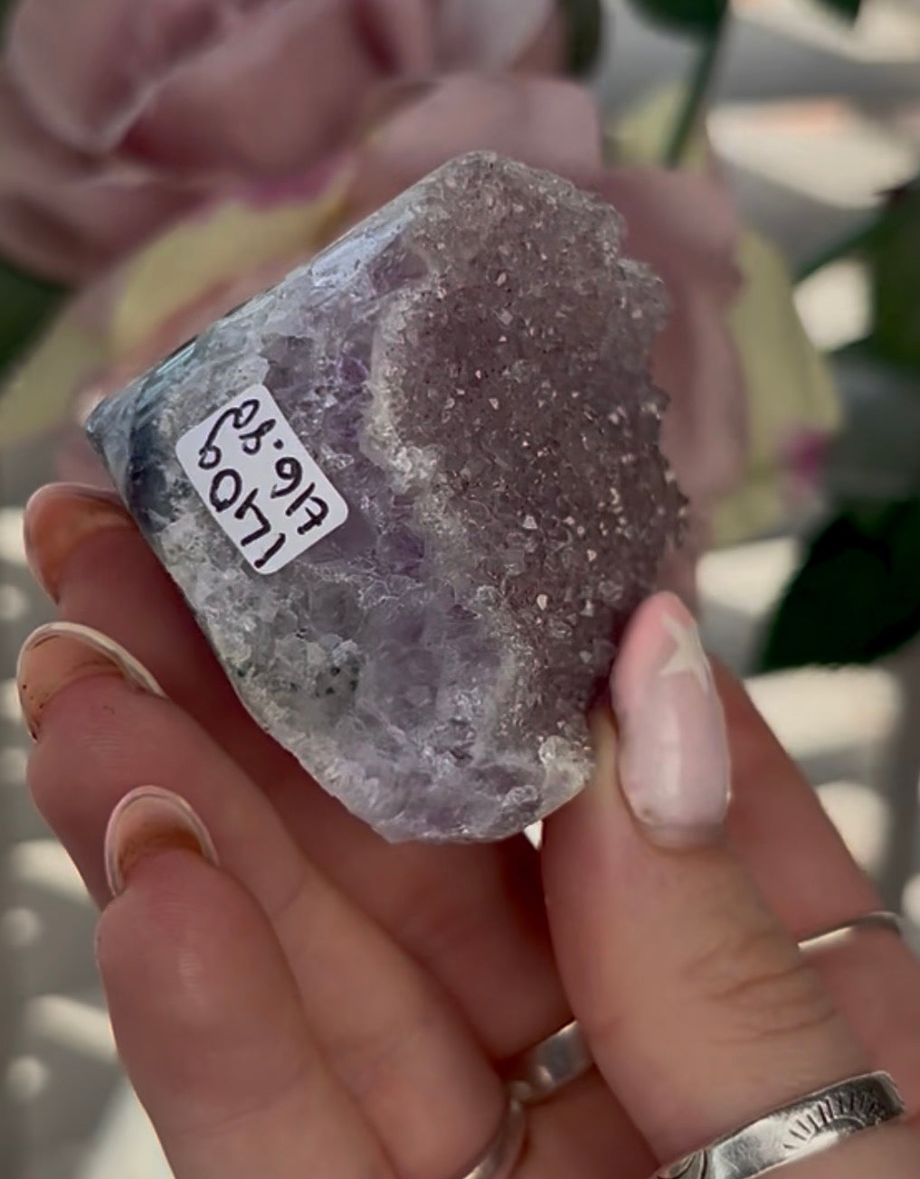 Uruguay, rainbow amethyst heart - comes with stand in lilac tones
