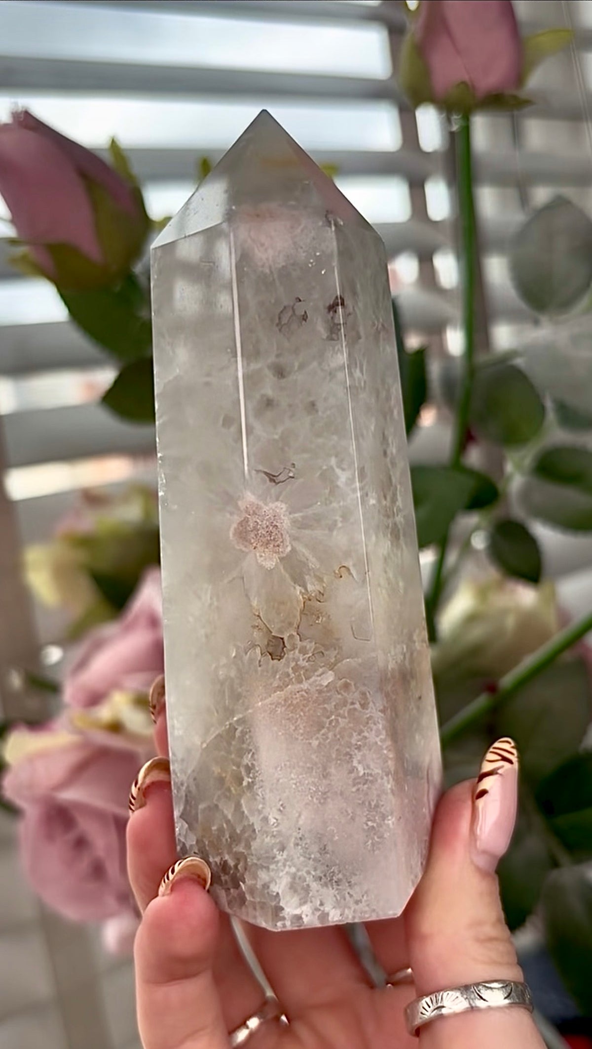 Stunning!! Super high quality, Druzy, green chlorite x blue flower agate tower