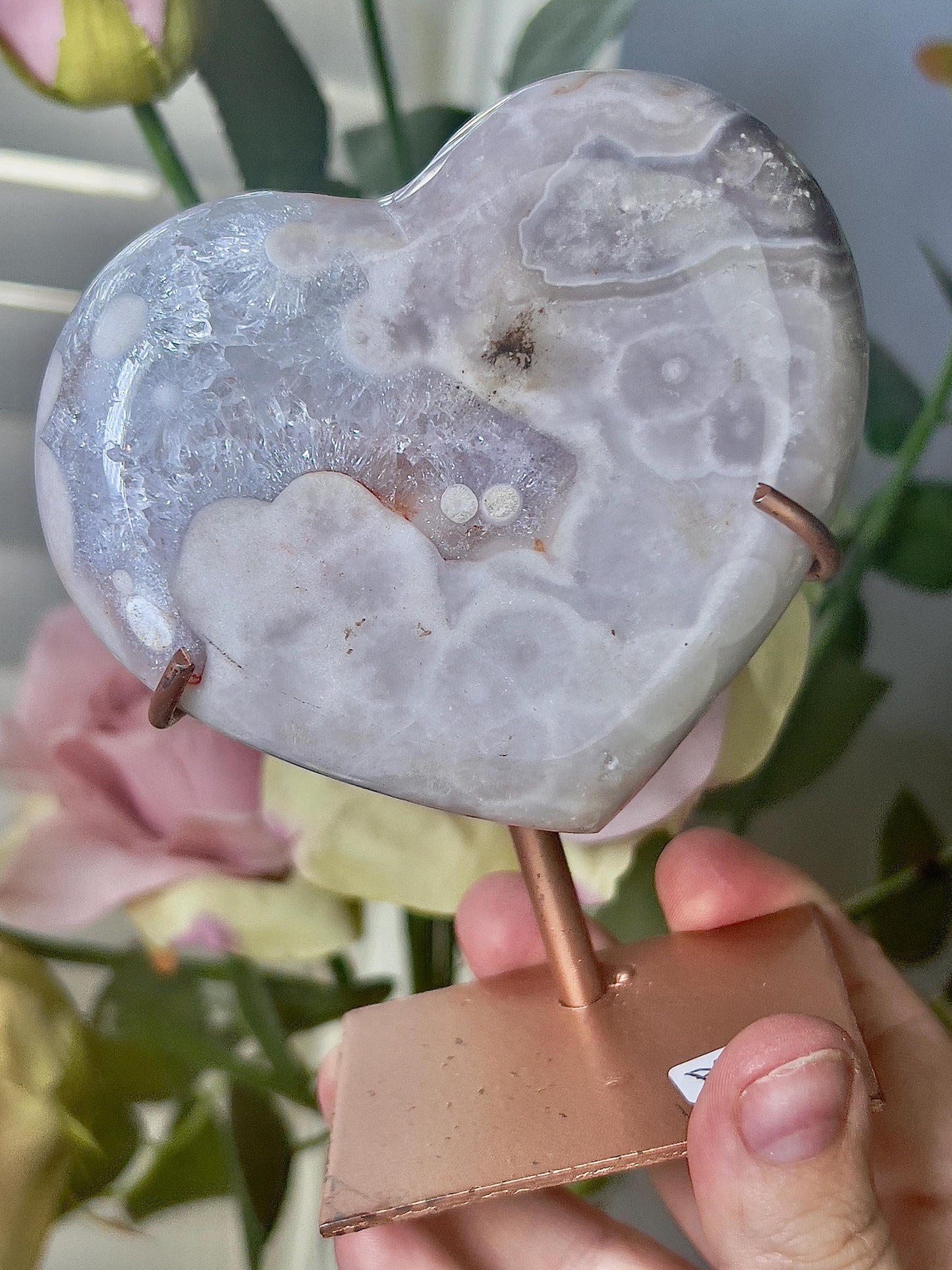 Pink amethyst heart on stand - it is scratched but can be repainted easily (discount already applied)