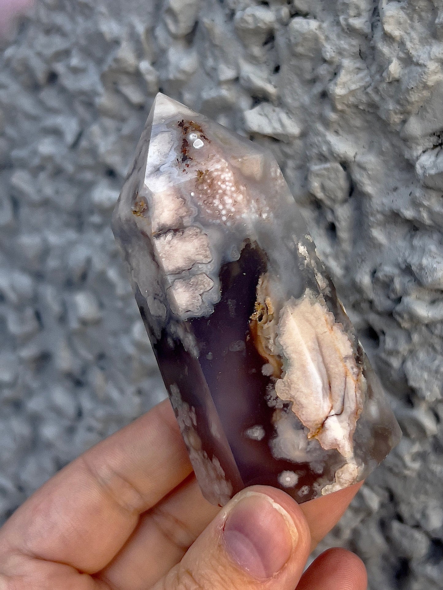 black flower agate tower with pink amethyst