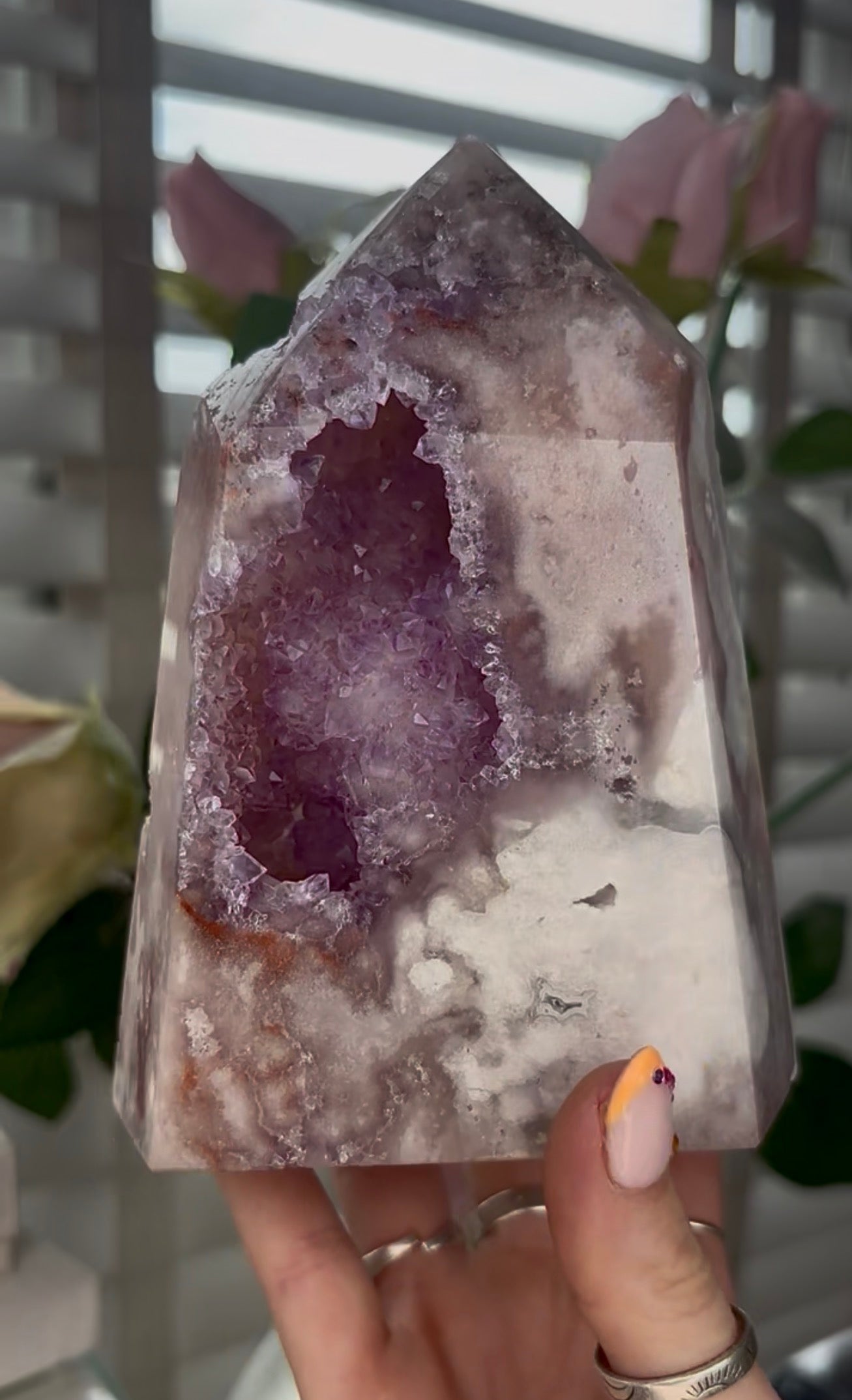 Huge, Beautiful, Pink amethyst tower with purple quartz druzy