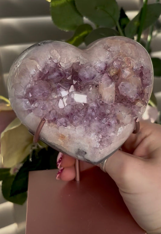Gorgeous pink amethyst heart with agate and chunky bubble gum Druze  - comes with stand