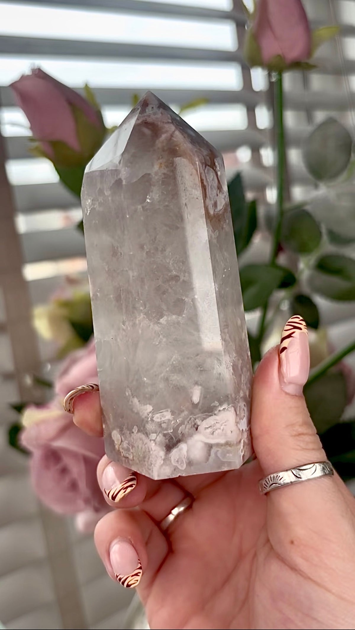 Stunning!! Super high quality, Druzy, green chlorite x blue flower agate tower