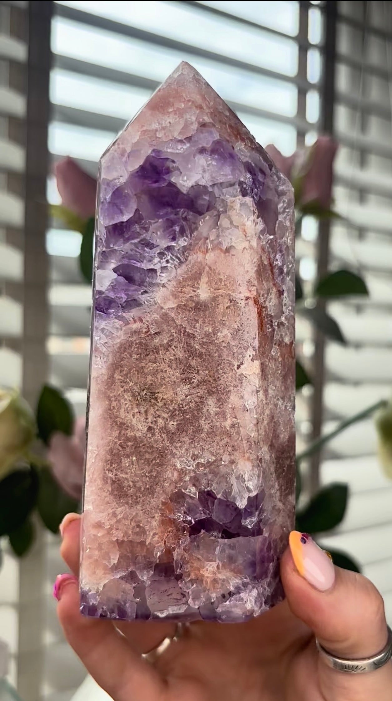 Beautiful, large, high quality, Pink amethyst tower with purple quartz
