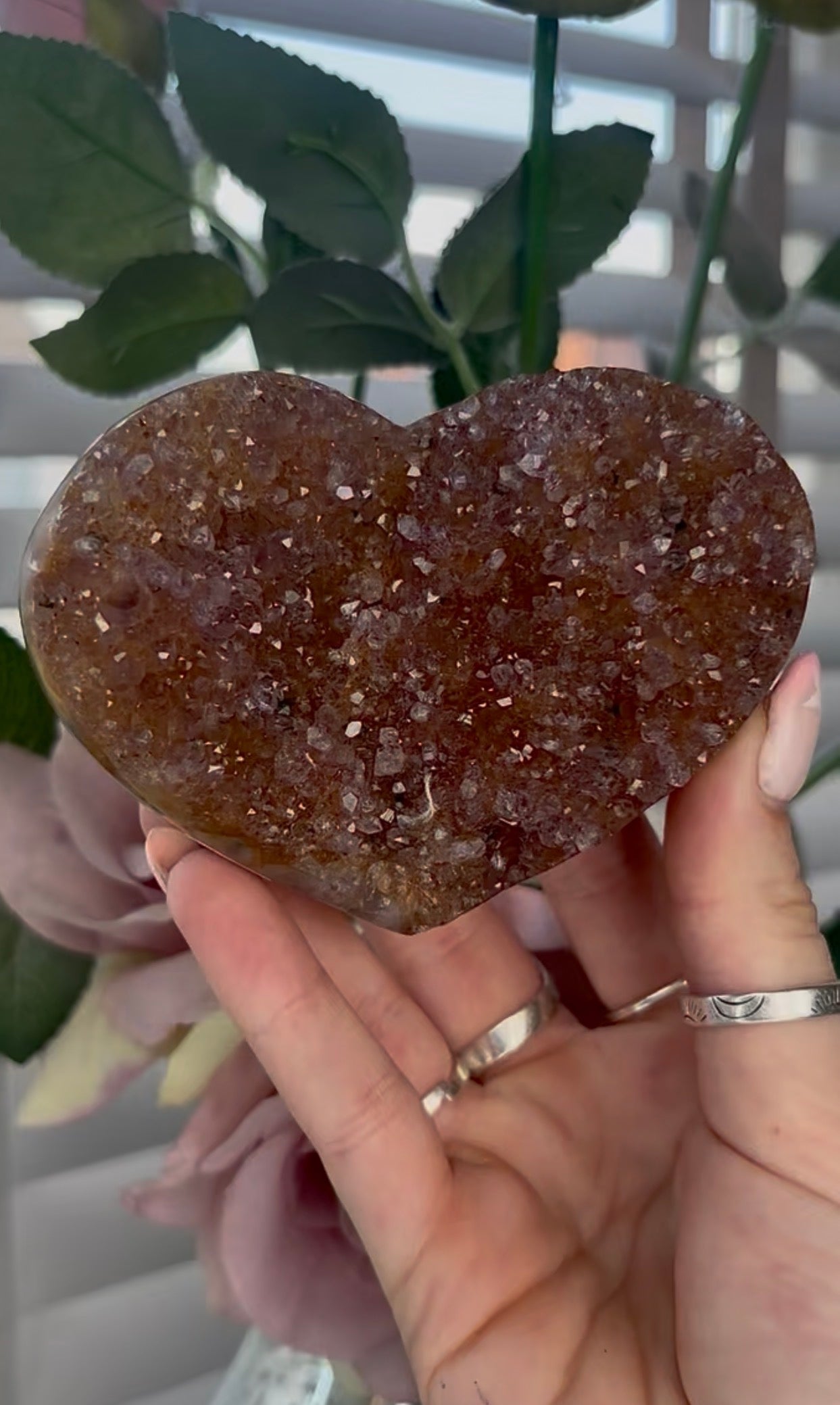 Uruguay, rainbow amethyst heart - comes with stand in orange/purple tones