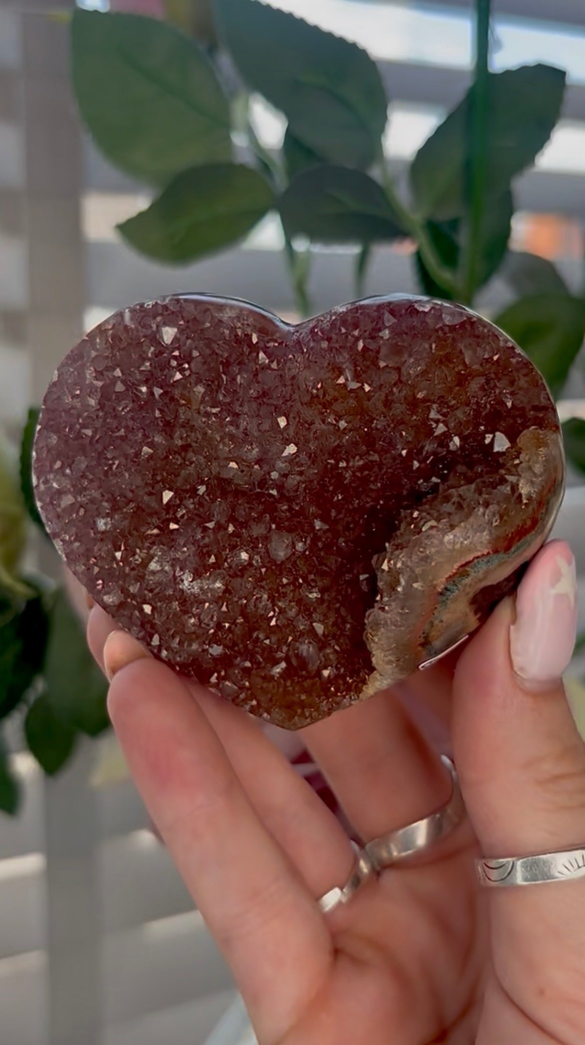 Uruguay, rainbow amethyst heart - comes with stand