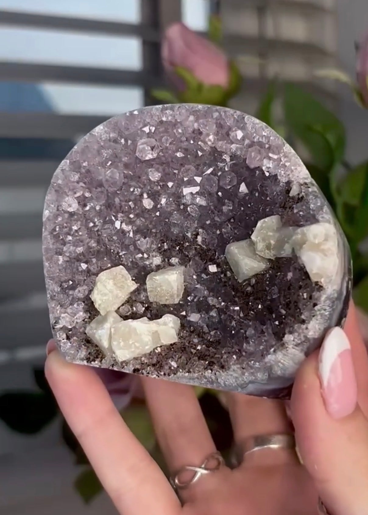 amethyst cutbase with cubic calcite