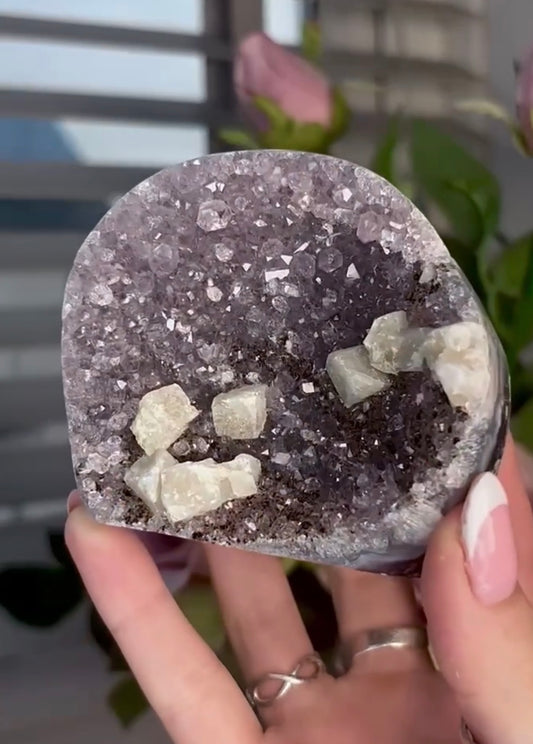 amethyst cutbase with cubic calcite
