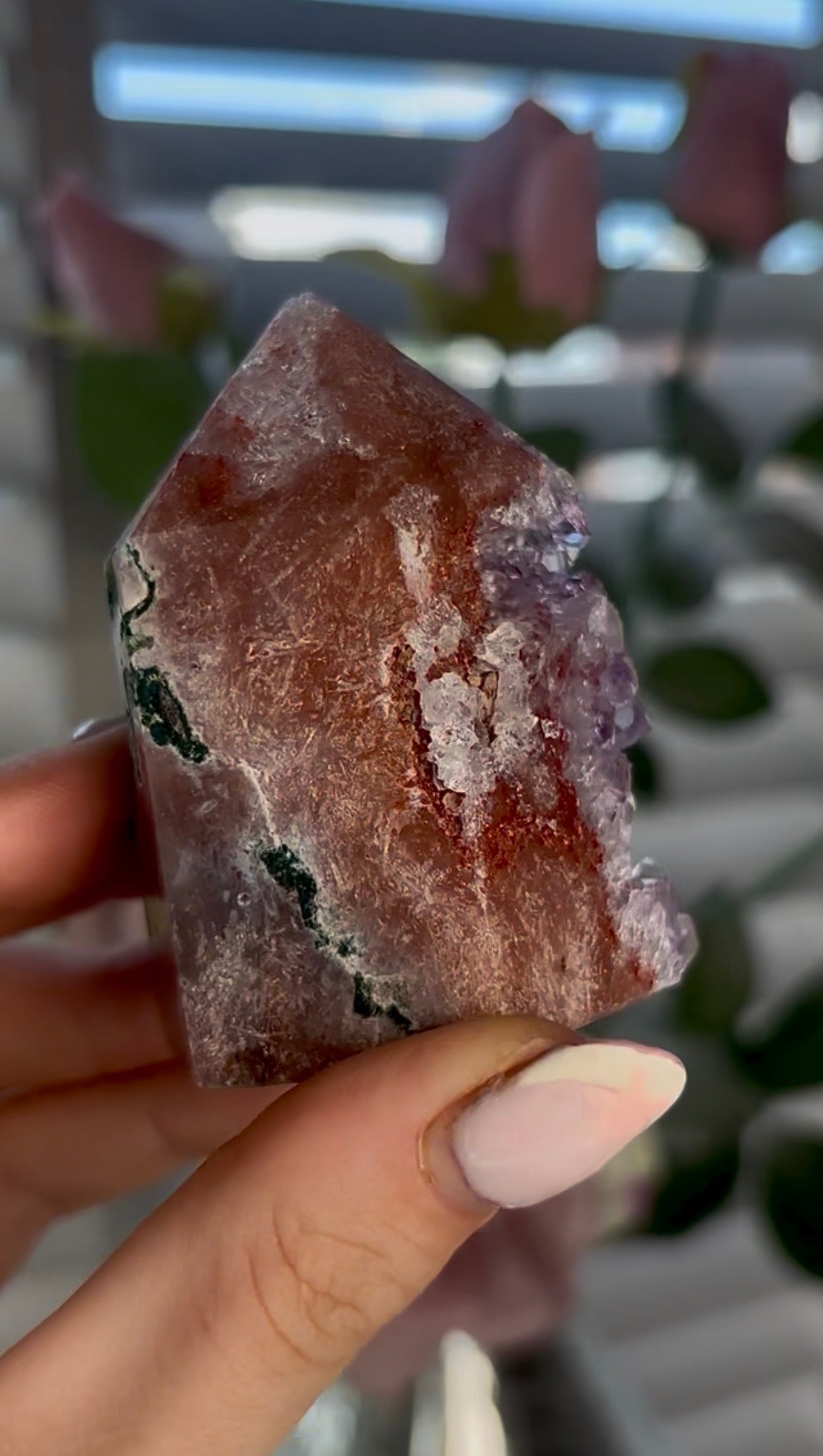 Beautiful, high quality, chonky Pink amethyst tower with purple quartz & Green jasper