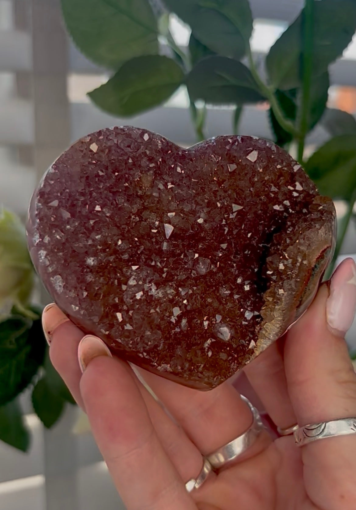 Uruguay, rainbow amethyst heart - comes with stand