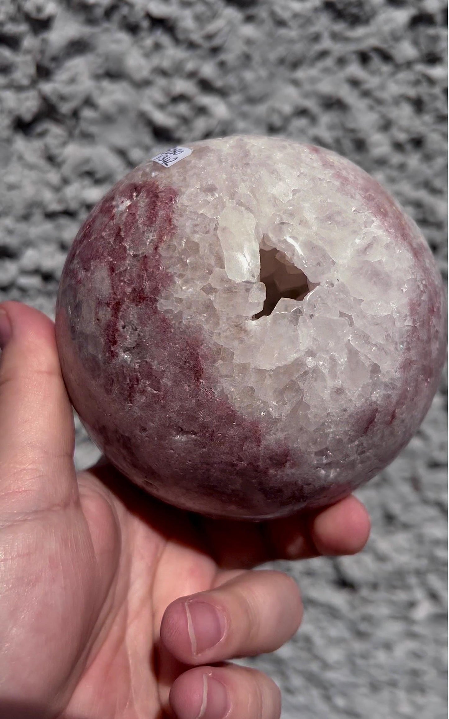 large, statement, pink amethyst sphere, with big, chunky, quartz teeth, cave 1.342kg