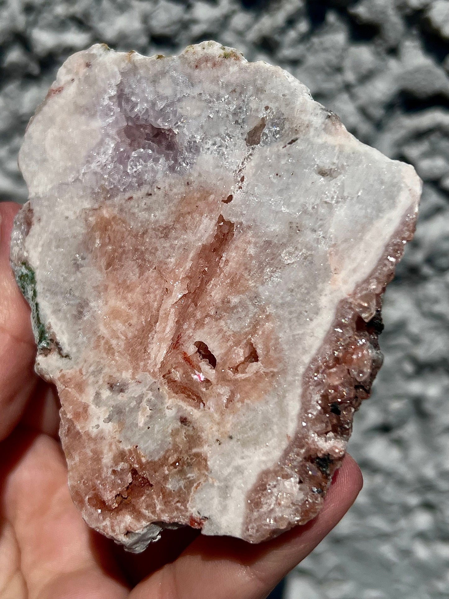 high quality pink amethyst slab with peach and purple tones and rutile formations