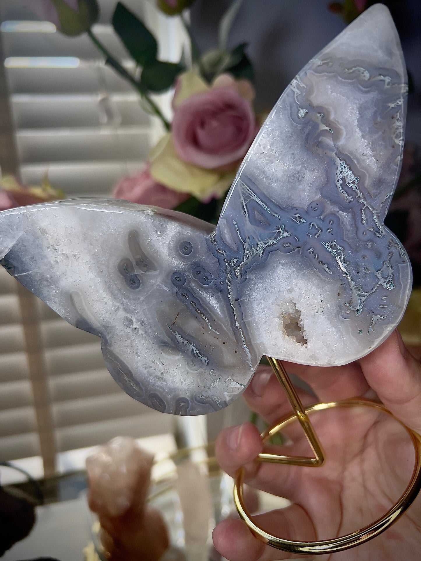 High grade, blue moss agate & quartz, butterfly with, gold pedestal stand
