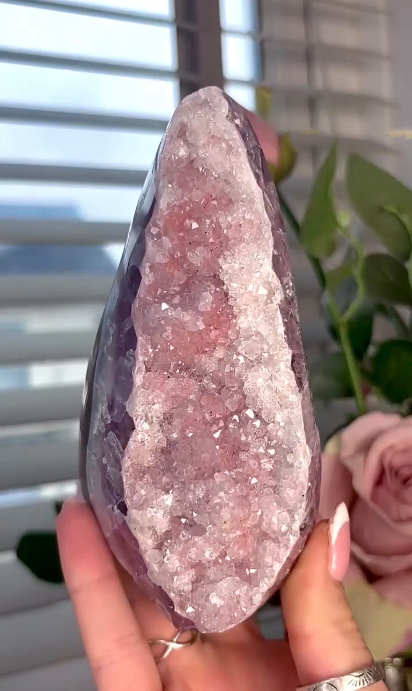 High quality, pink toned, rainbow amethyst on purple agate, cutbase