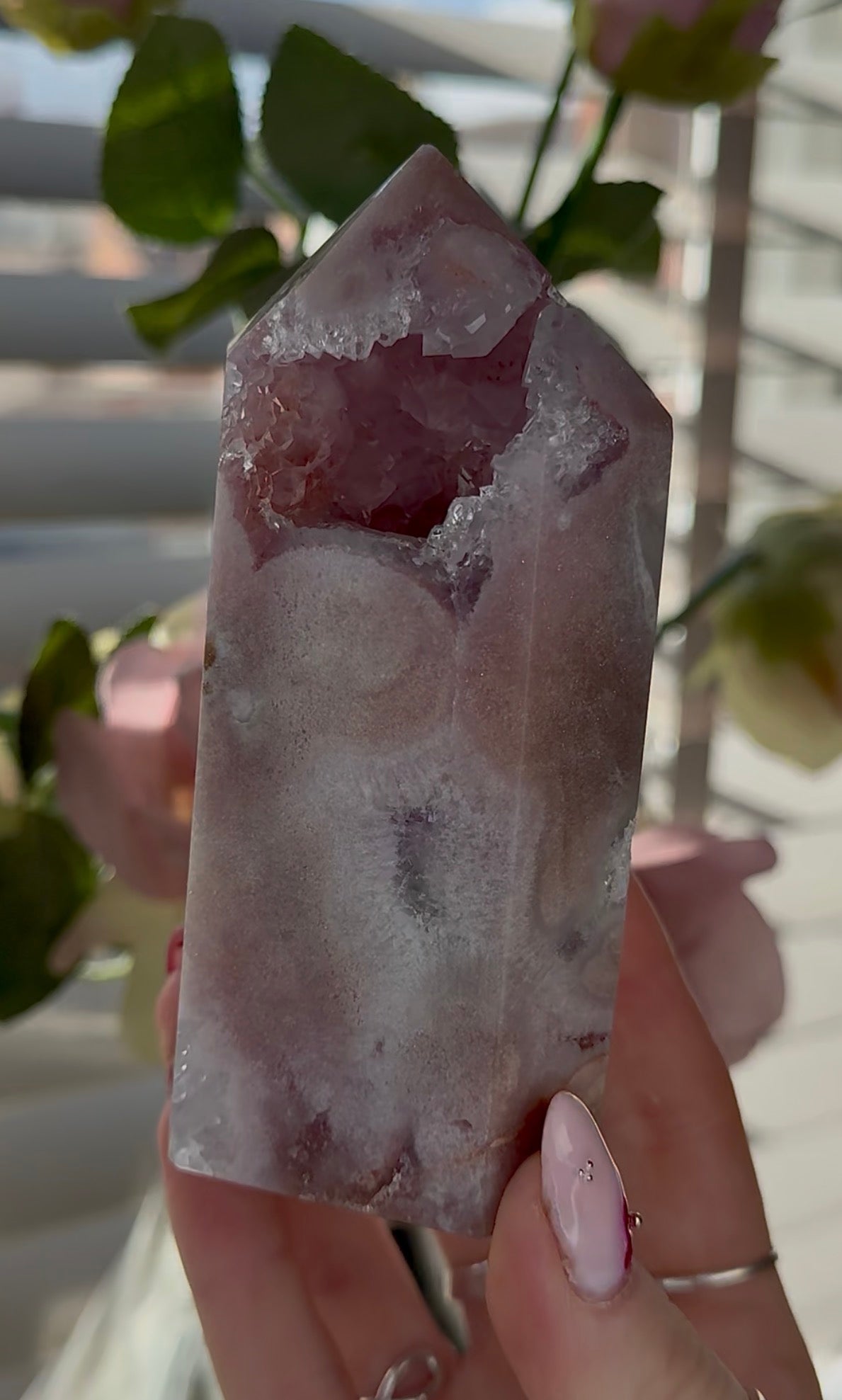 Pink amethyst tower with quartz 12cm(h) 6cm(w)
