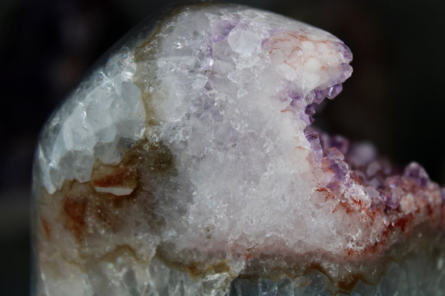 Incredible, berry, pink amethyst, agate, freeform withy quartz that is full of rainbows and moss agate, green jasper
