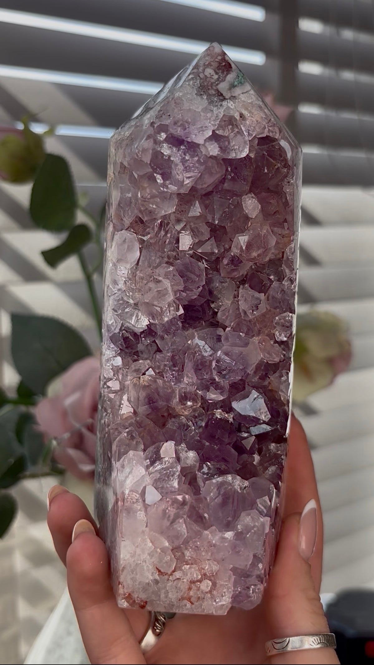 Beautiful, Pink amethyst tower with purple quartz teeth 17cm(h) by 7cm(w)
