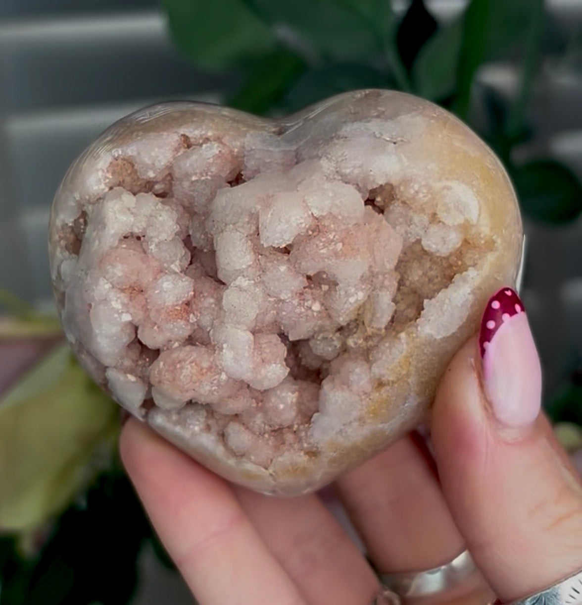 pink amethyst heart with bubble druzy - comes with stand