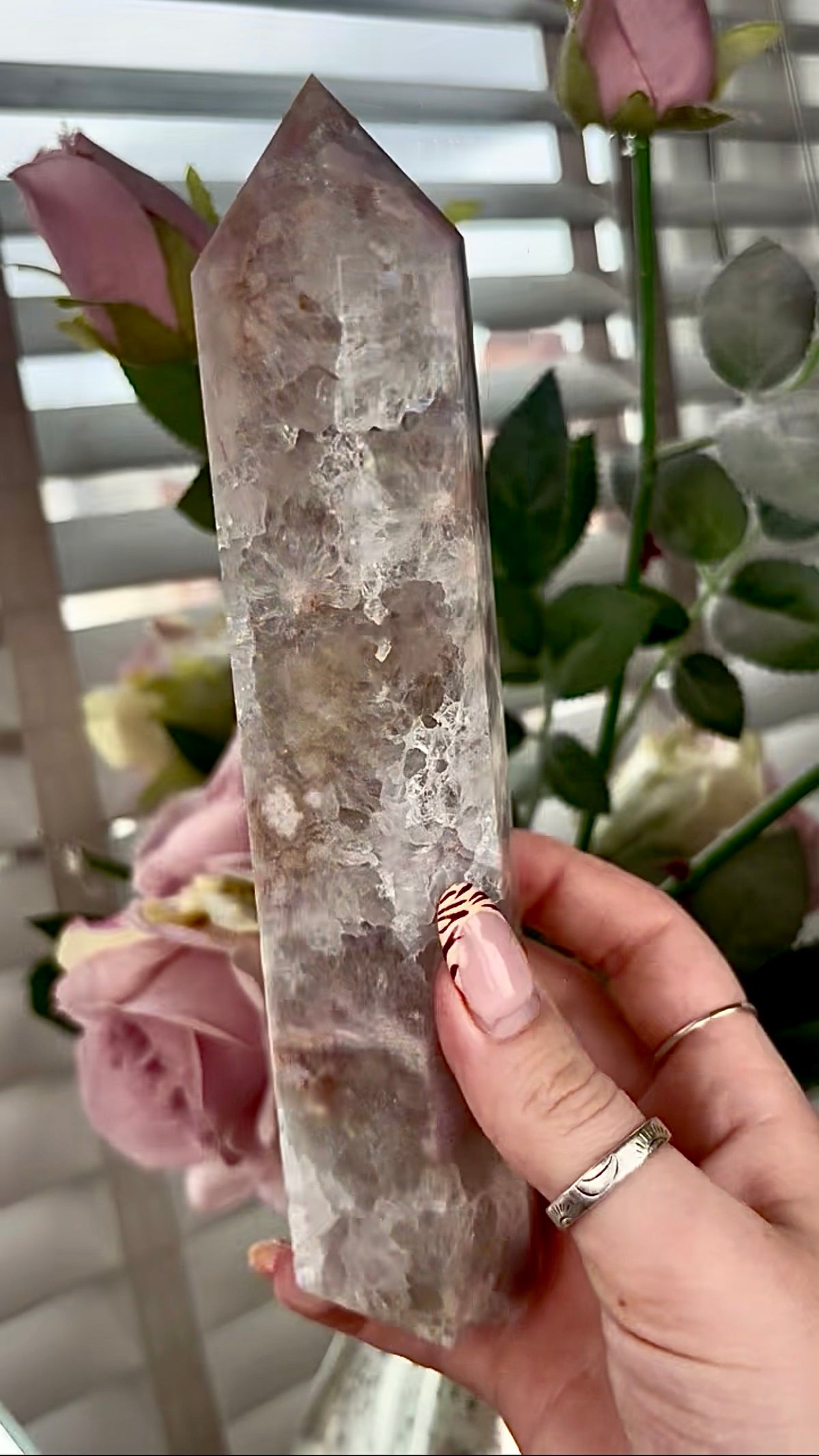 Stunning!! Super high quality, Druzy, green chlorite x blue flower agate tower