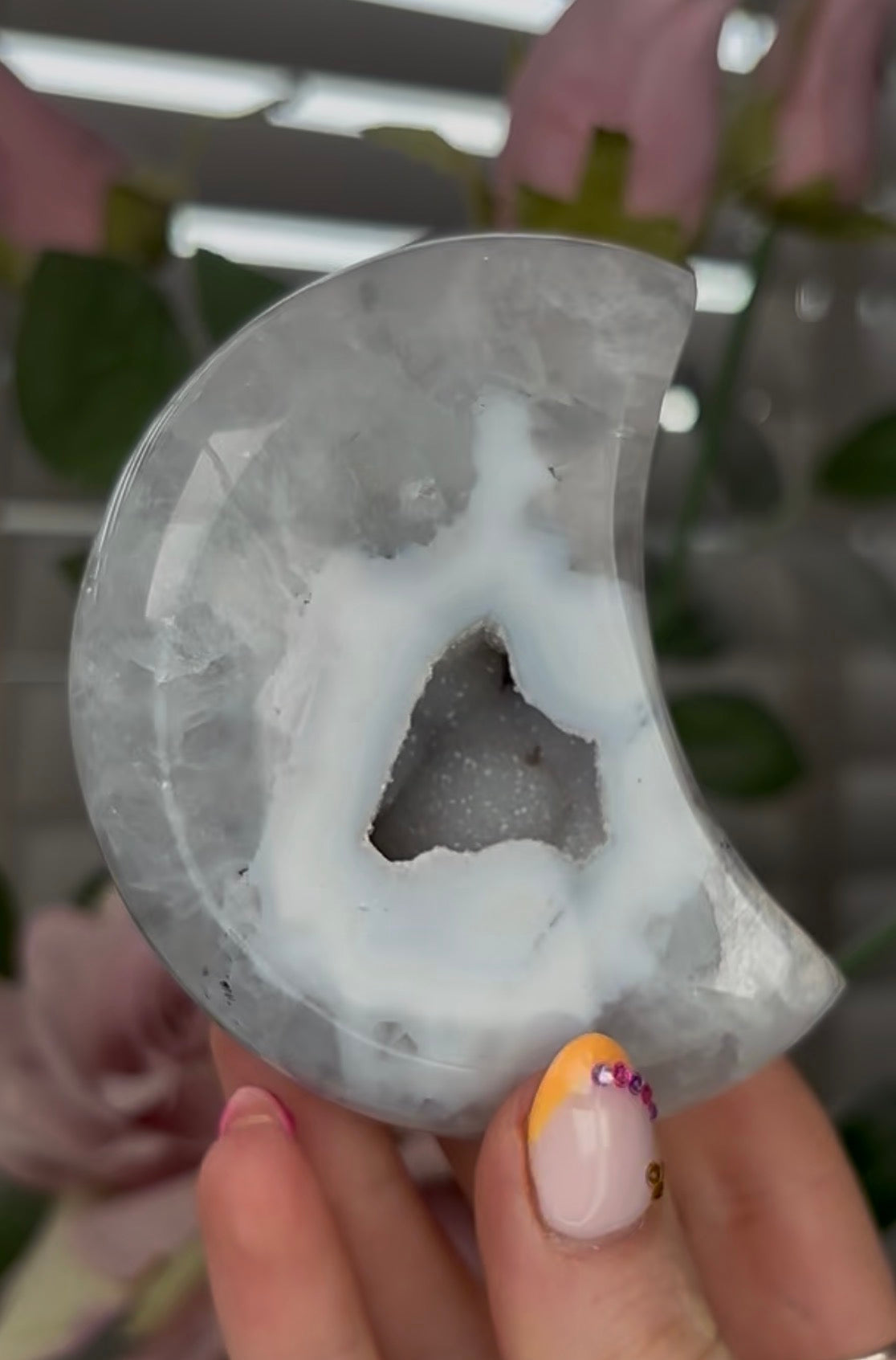 Beautiful, agate moon with druzy - comes with stand
