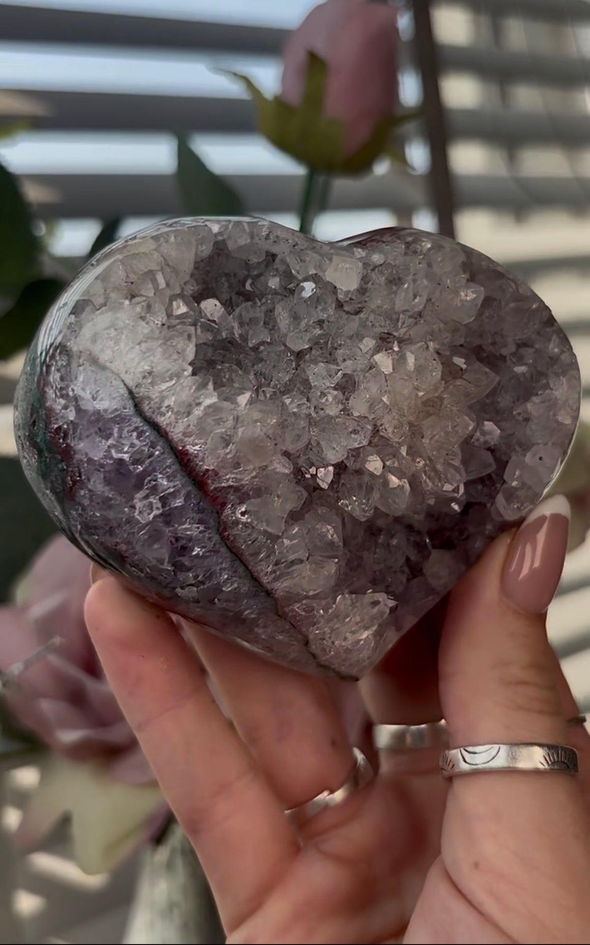 Gorgeous, high quality, pink amethyst heart with Jasper - comes with stand
