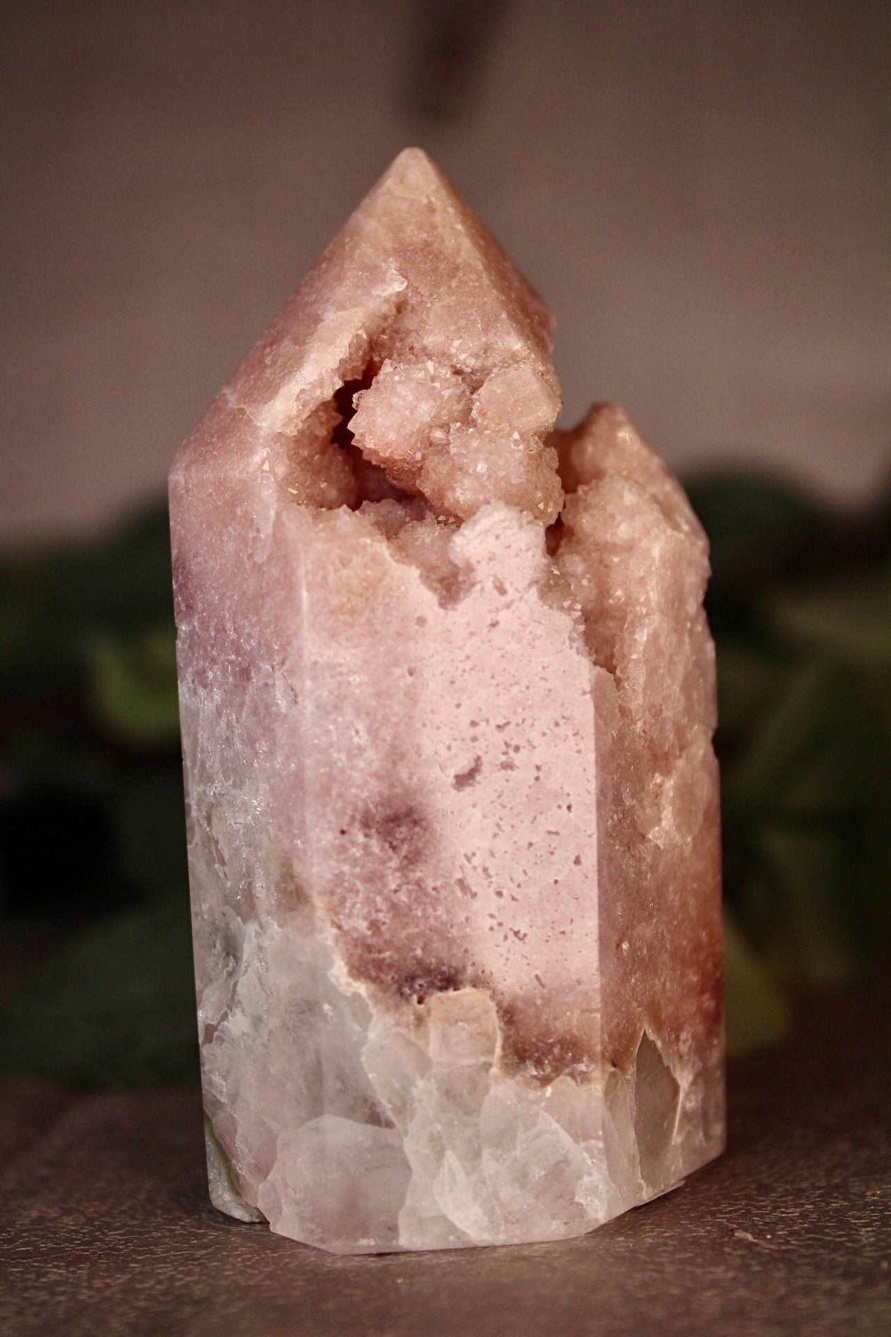 High grade pink amethyst tower with quartz bottom 295g 9.5cm tall