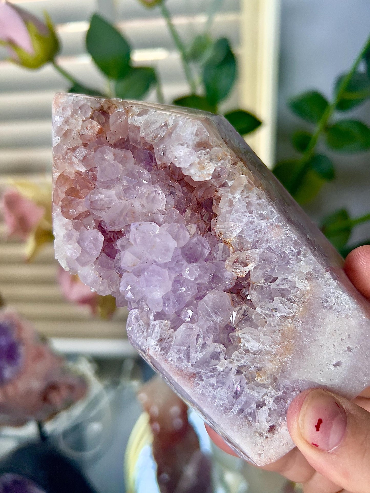pink amethyst, Chonky with quartz druzy tower 640g