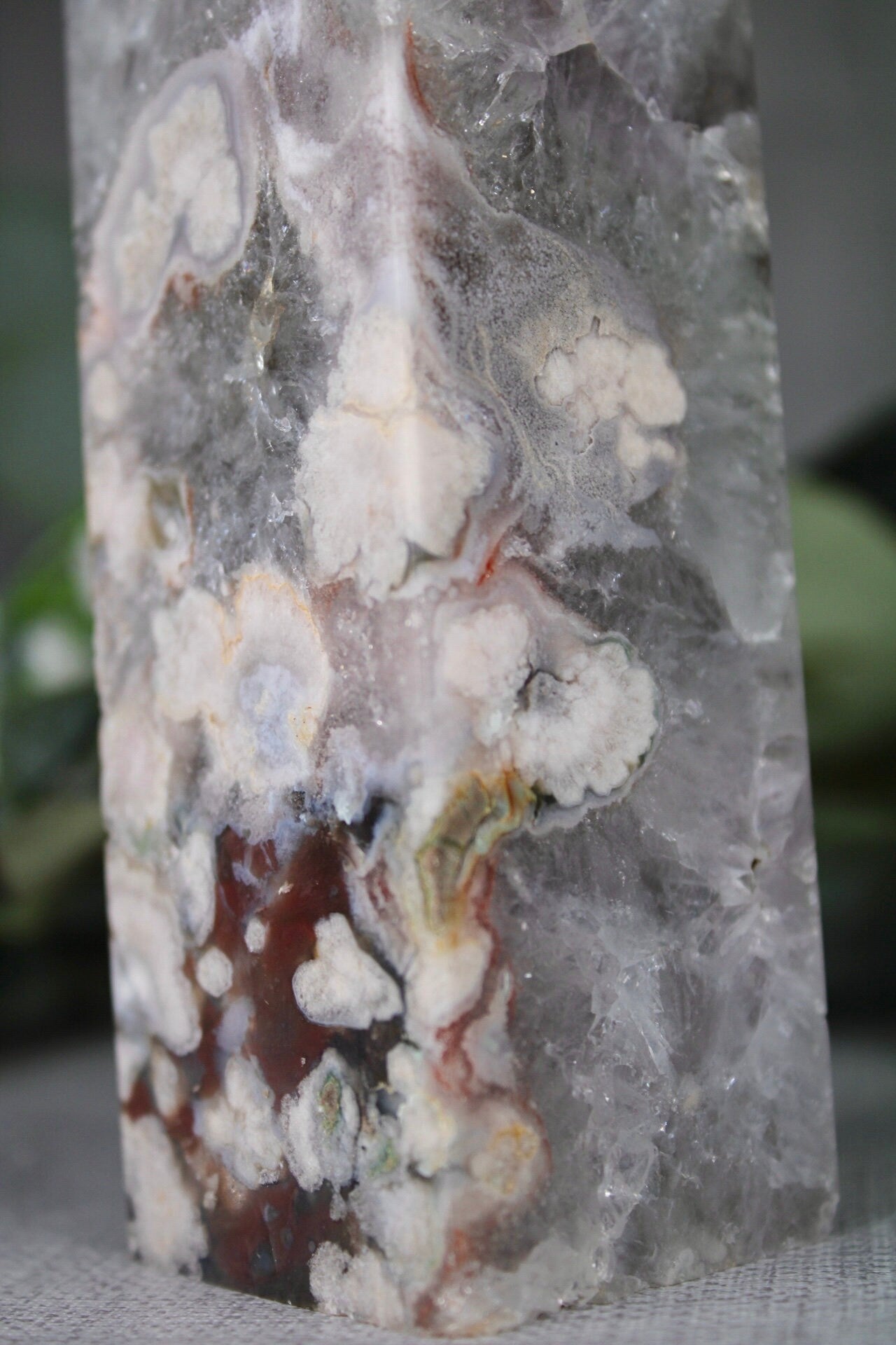 Green chlorite x flower agate tower 635g 16.5cm (H) 4.5cm (W)
