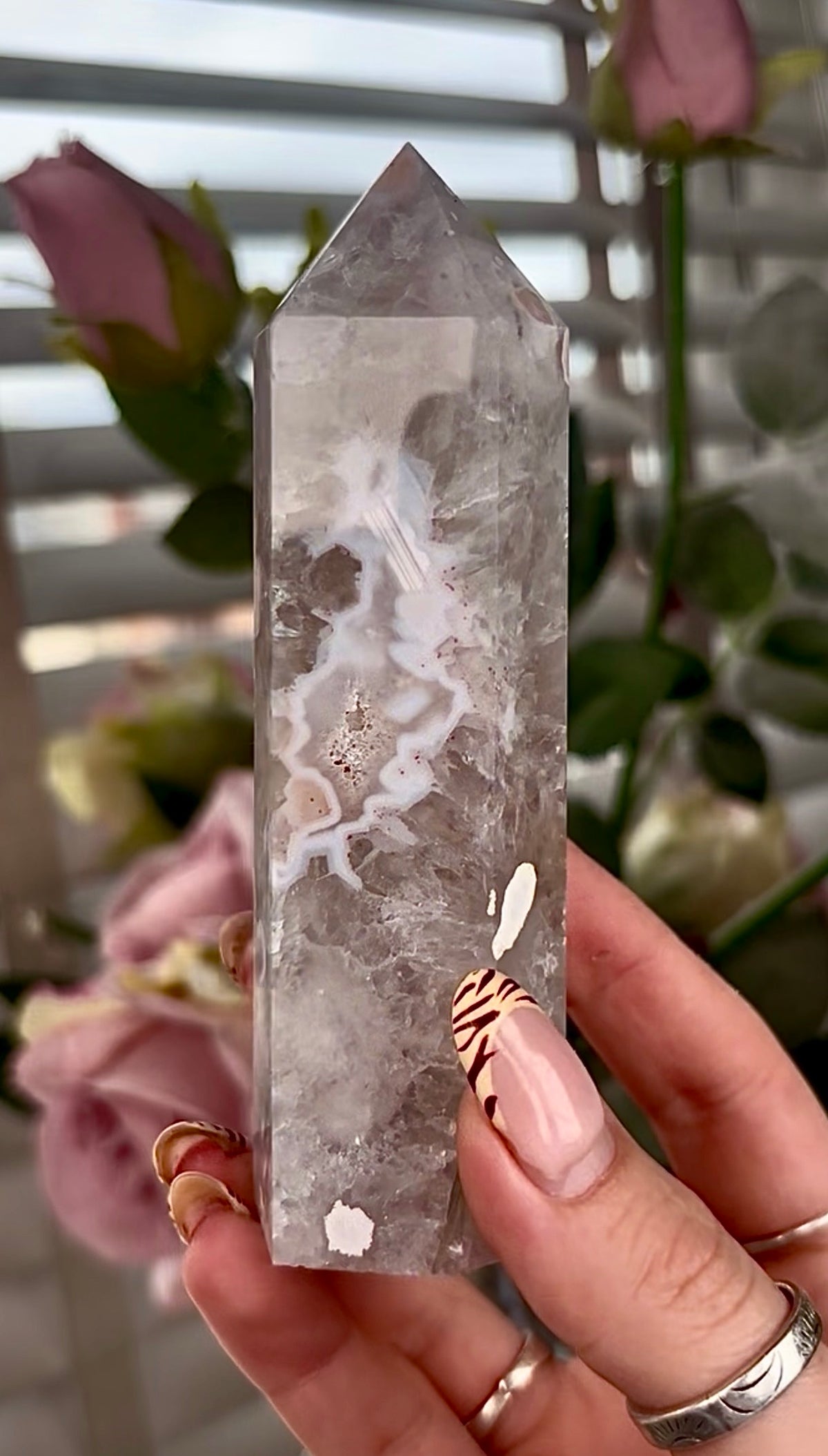 Stunning!! Super high quality, Druzy, green chlorite x blue flower agate tower
