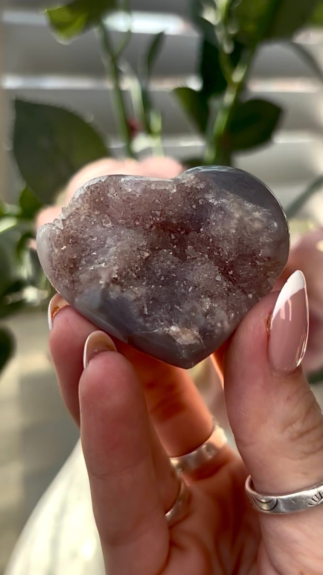 Gorgeous, druzy, pink amethyst heart- comes with stand