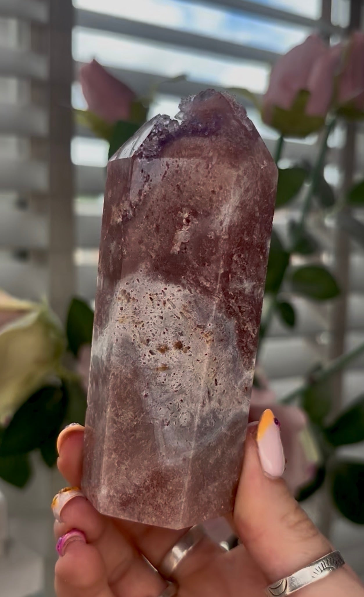 Pink amethyst tower with druzy