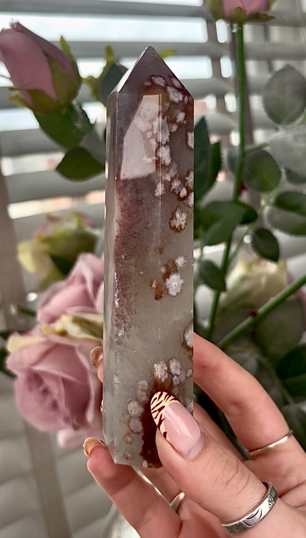 Stunning!! Super high quality, Druzy, green chlorite x blue flower agate tower