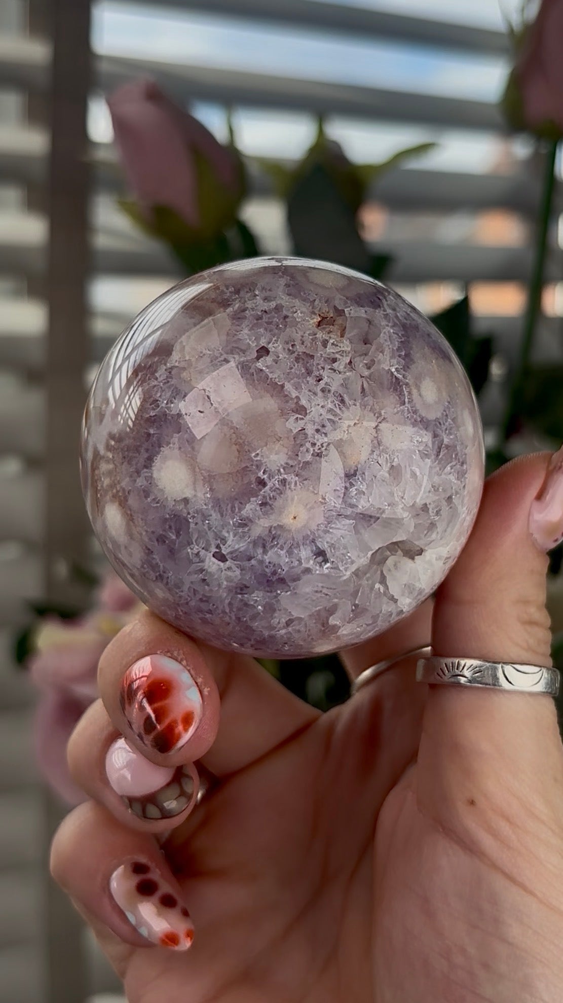 High grade, amethyst Flower agate sphere with druzy quartz