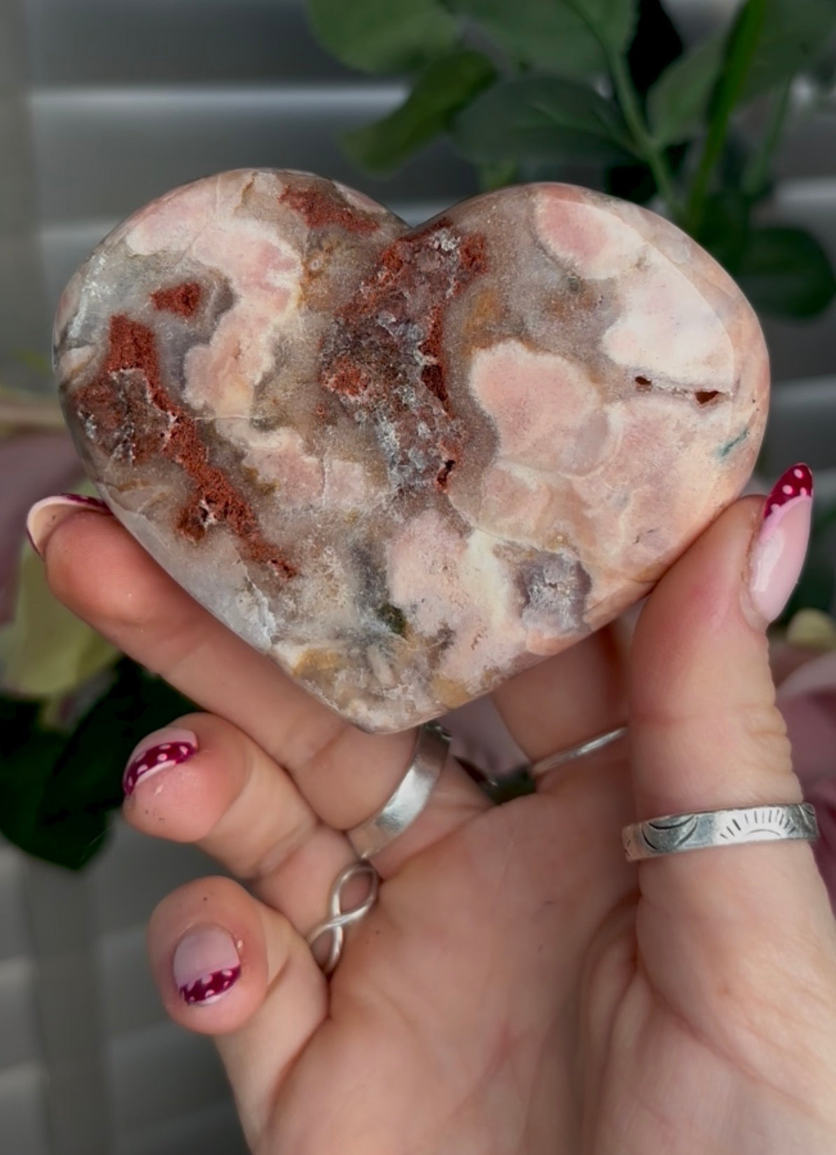 Gorgeous pink amethyst & jasper heart in peach tones  - comes with stand