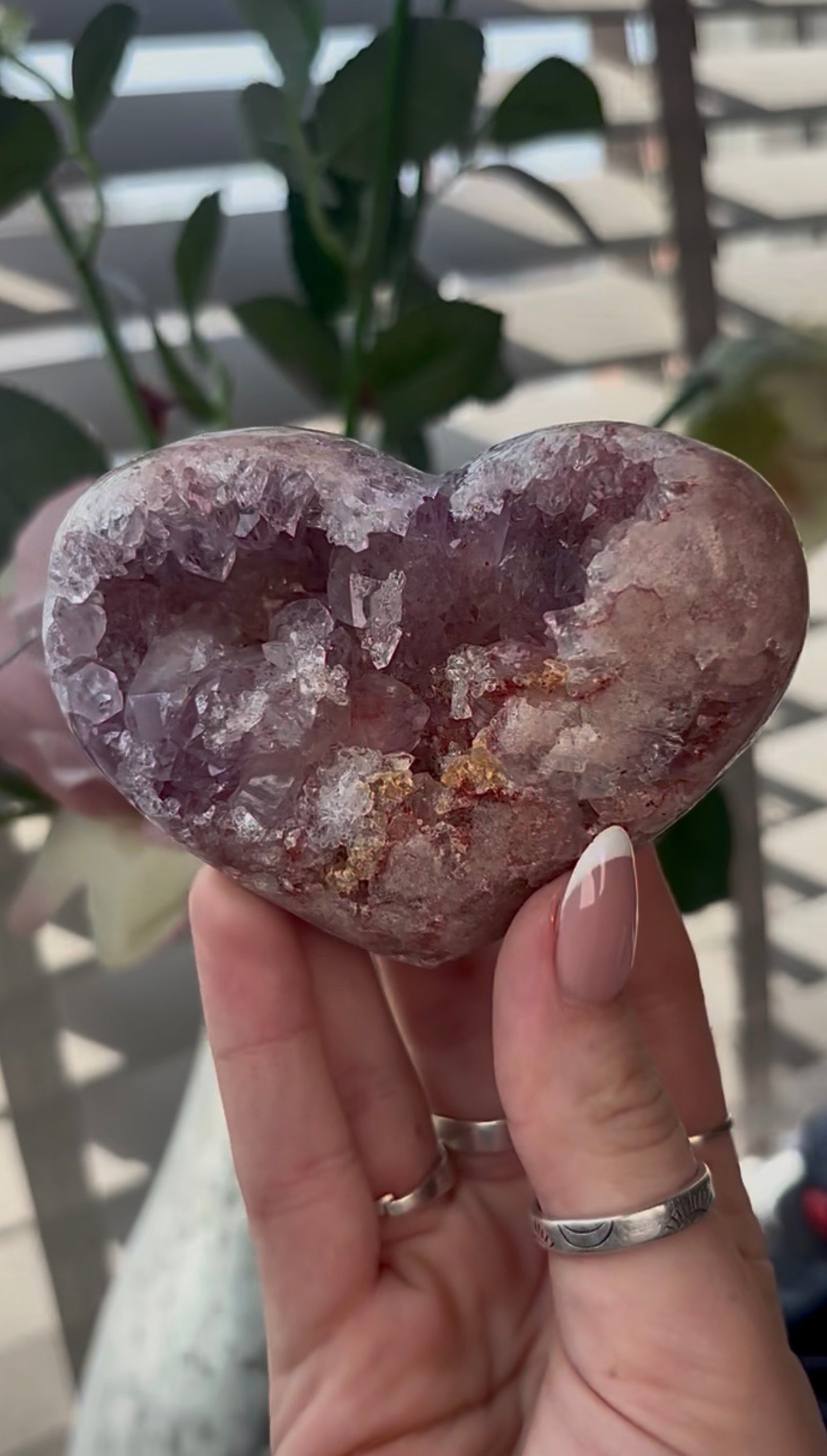 Gorgeous, high quality, pink amethyst heart with lilac quartz - comes with stand